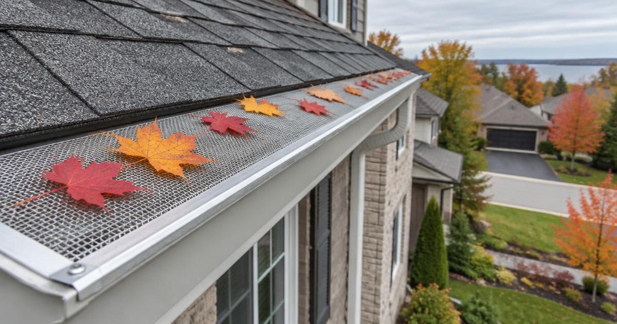 Micro-mesh gutter guard on an eavestrough with autumn leaves on an Ontario home